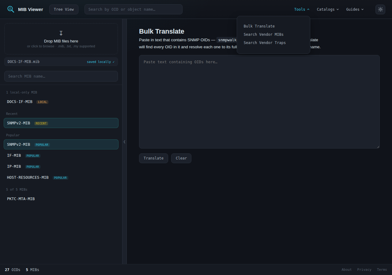 The Tools menu open in the top toolbar, listing Bulk Translate, Search Vendor MIBs and Search Vendor Traps, above the empty Bulk Translate page