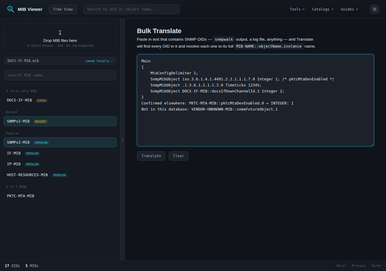 The tool with a sample MTA-style configuration pasted into the text box, containing a root-name OID, a dot-qualified numeric OID and a symbolic MIB::name reference