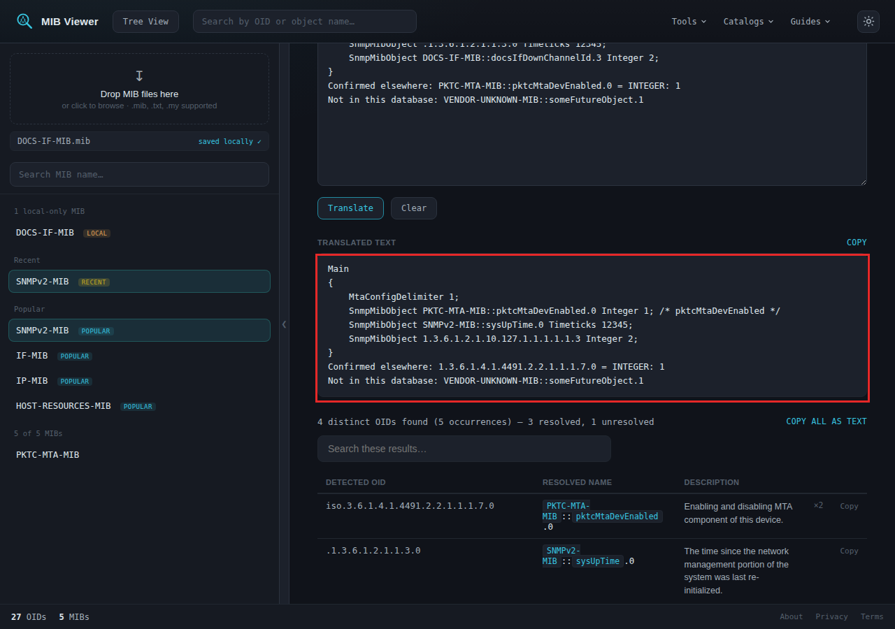 The Translated text panel showing numeric OIDs rewritten as MIB::name references and a MIB::name reference rewritten as a numeric OID