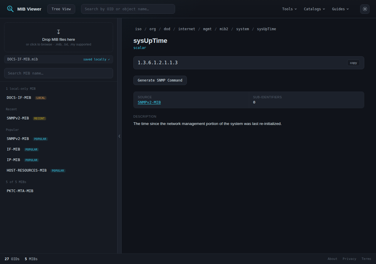 The page for the sysUpTime object, opened from its resolved-name link in the results table, showing its breadcrumb, OID 1.3.6.1.2.1.1.3, source MIB and description