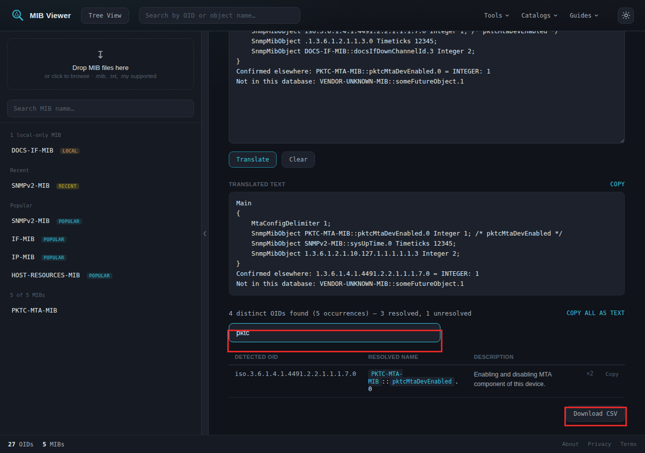 The results search box filtered to pktc, showing one matching row, with the Download CSV button below the table