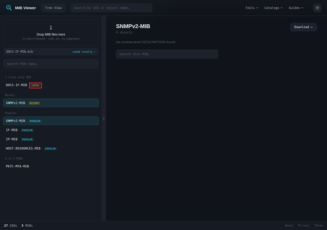 The sidebar MIB list with the LOCAL badge on DOCS-IF-MIB, placed above the Recent and Popular sections